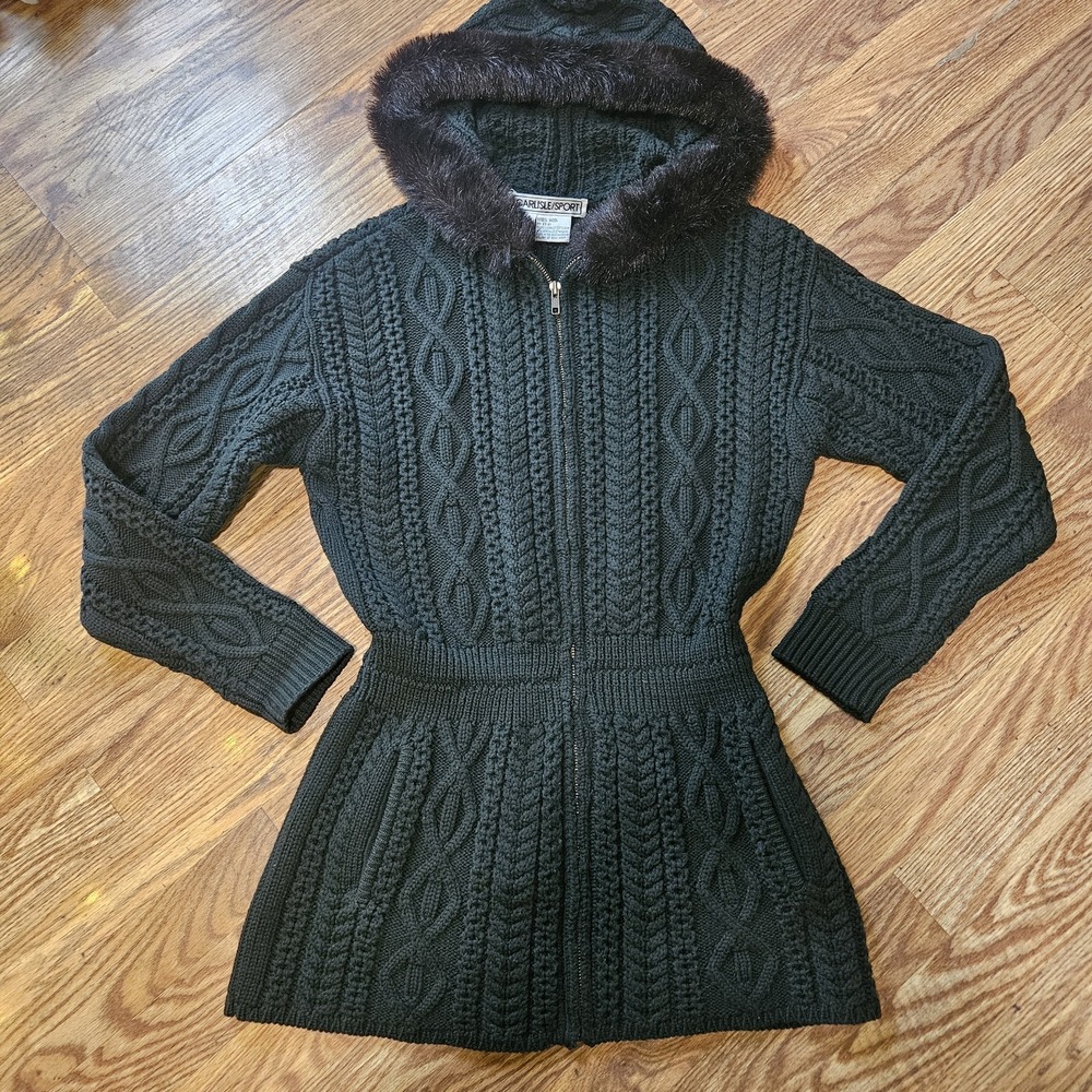 Carlisle Wool Cable Knit Long Sleeve Sweater Dress Fur Trim Hood Army Green VTG
